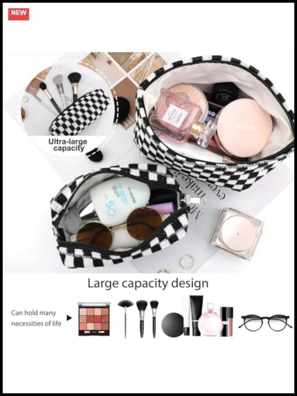 3-Piece Checkered Makeup Bag Set Large Capacity Travel Cosmetic Organizer Pouch